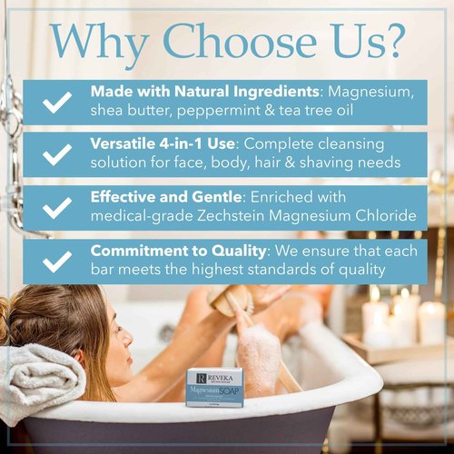 Reveka Skincare Magnesium Soap – 4-in-1 Natural Bar for Face, Body, Hair & Shaving | Triple-Milled with Shea Butter | USA-Made Peppermint Soap | 4 Pack (7 oz Each)