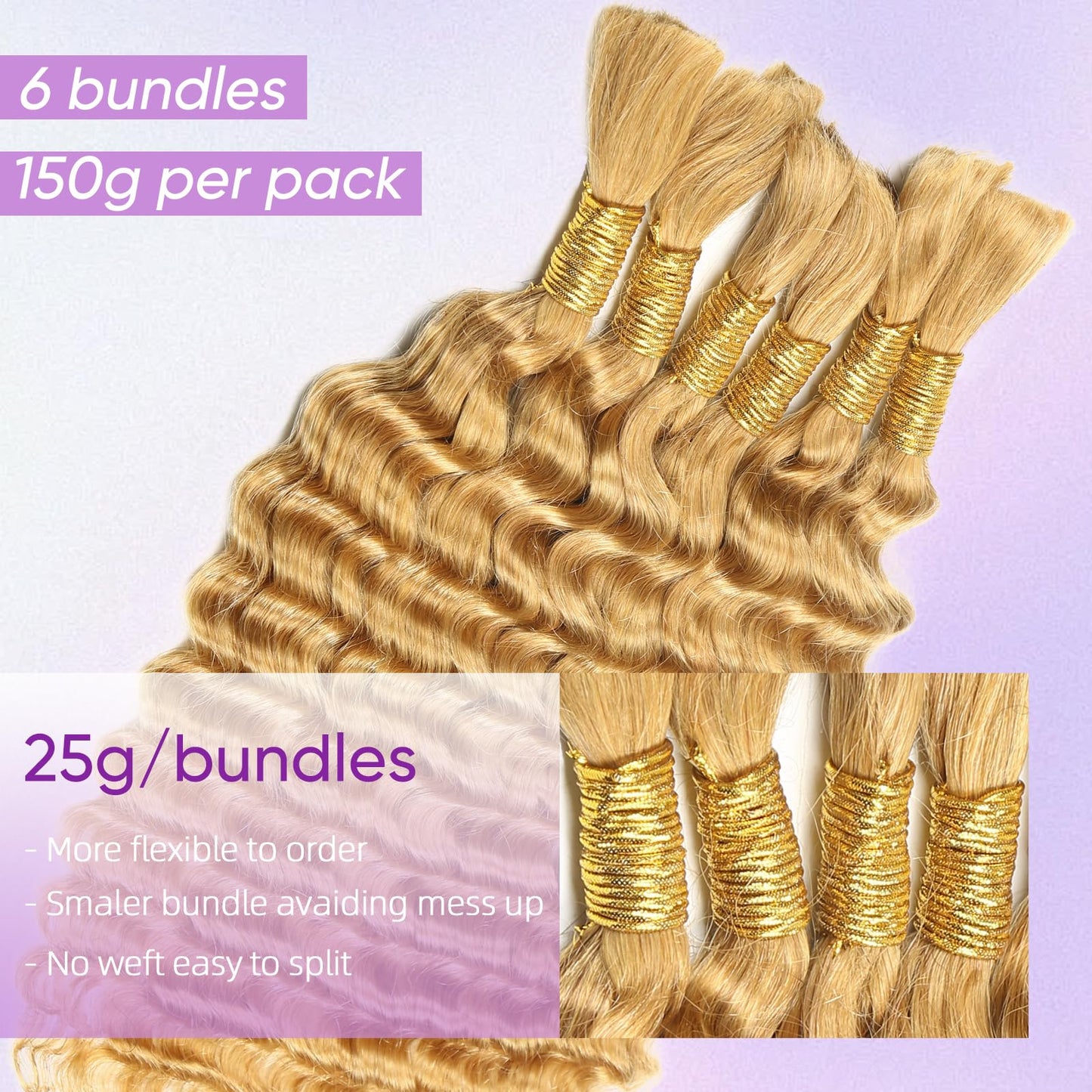 Human Braiding Hair 150g 20 Inch Boho Braids Human Hair Deep Wave Blonde Boho Hair For Braiding 6 Bundles/Pack No Weft Boho Human Braiding Hair Curly 27#