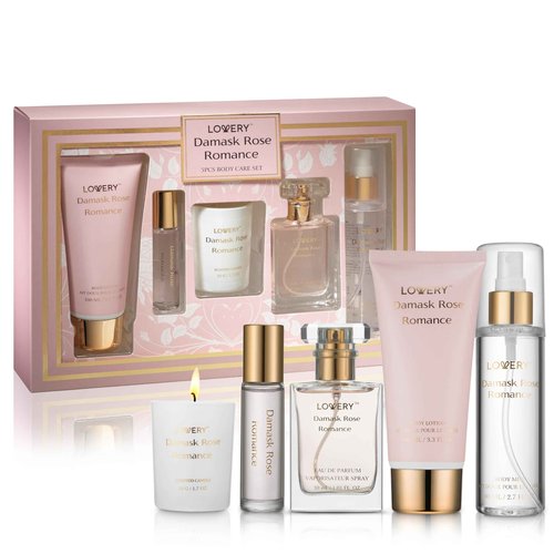 Womens Gifts, Birthday Gifts for Mom, Self Care Gifts for Women, Damask Rose Romance Spa Kit with Soy Candle, Perfume Roll On, Body Lotion, Body Mist & Eau de Parfum - Bath & Body Care Set
