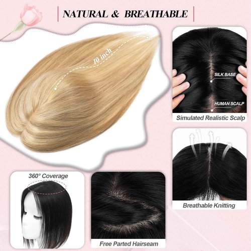 POWERASIA Hair Toppers for Women Real Human Hair Extensions with Thinning Hair No Bangs Wiglets Upgrade 3.9x4.7Inch Silk Base Clip ins Hair Pieces 150% Density Remy Hair Wig Topper #12P613