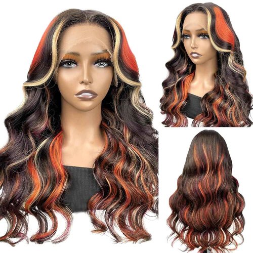 Black Ginger Blonde Highlight Wig Human Hair 13x4 Transparent Lace Front Skunk Stripe Wig Body Wave Glueless Pre Plucked Bleached Knots Lace Frontal Wig Black Honey Blonde Ginger Highlight Wig 20 Inch