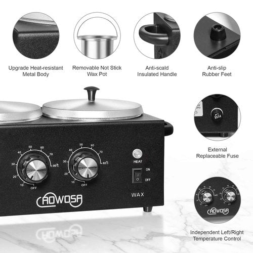 Professional Hair Removal Kit - Wax Warmer Machine with Double Pot, Large Capacity for Spa Salon and Home Use, Non-Stick Easy Clean Pots, 50 Sticks & 20 Collars (Black)