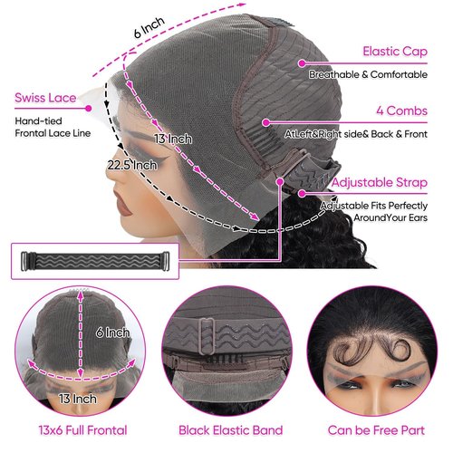 Vamzee Water Wave Lace Front Wigs Human Hair 200 Density 13x6 HD Transparent Wet and Wavy Wigs for Women Curly Lace Front Wigs Pre Plucked with Baby Hair Natural Color 16Inch