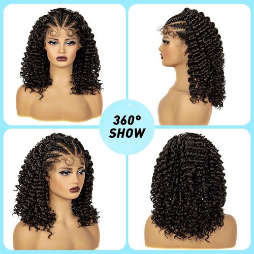 A ANYTIME Synthetic Lace Front Braided Wigs with Baby Hair for Black Women 16 Inches Knotless Box Braided Hair Wigs Curly Bob Braided Lace Wigs（2#）