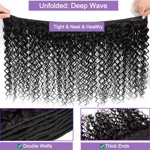 12A Human Hair Bundles 18 20 22 Inch Deep Wave Bundles Human Hair 100% Unprocessed Brazilian Virgin Deep Curly Weave 3 Bundles Hair Extensions for Women Natural Color