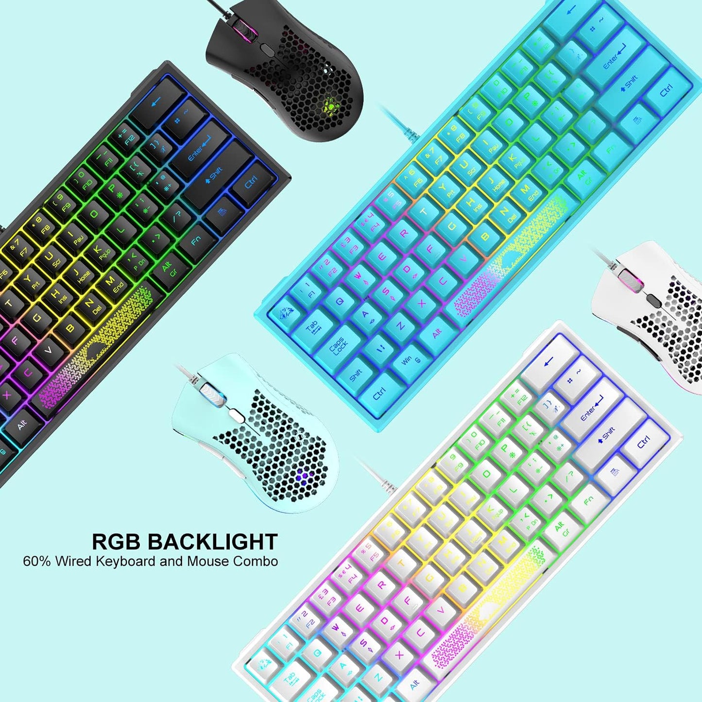 60% Gaming Keyboard and Mouse Combo Small Mini RGB Backlight Mechanical Feeling and Mechanical RGB 6400 DPI Honeycomb Optical Mouse,Gaming Mouse pad for Gamers and Typists Black