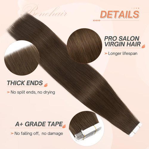 Benehair Tape in Hair Extensions Human Hair, Dark Brown Remy Hair Extensions Straight Human Hair Tape in Extensions Invisible 10pcs 25g 18 inch