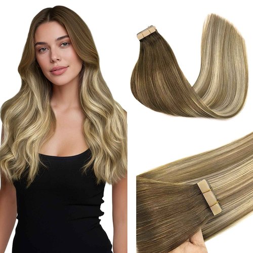 GOO GOO Tape in Hair Extensions Human Hair, 3/8/613 Walnut Brown to Ash Brown and Bleach Blonde, 20inch 50g 20pcs, Skin Weft Seamless Invisible, Silky Straight with Thick Ends, Remy Human Hair