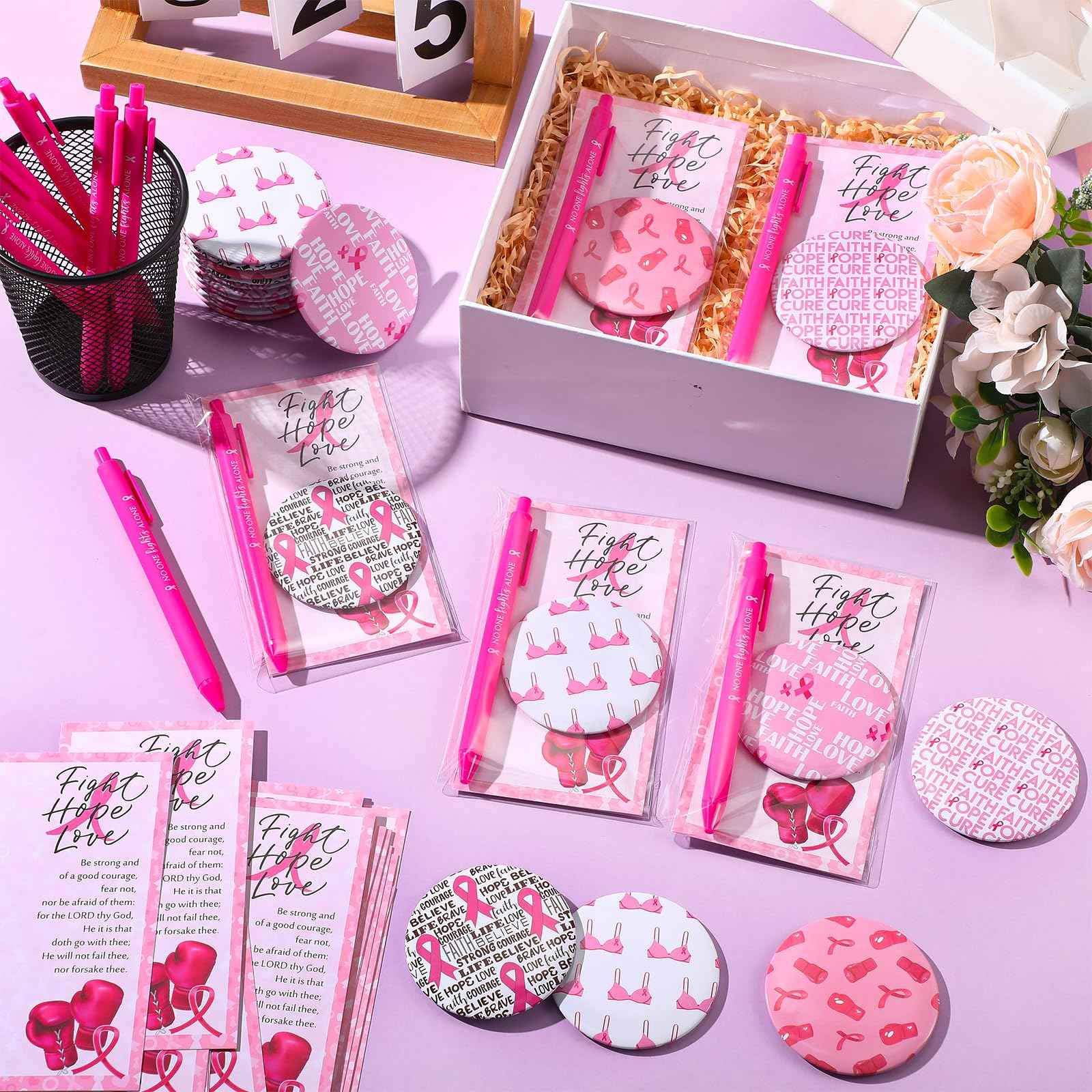 Pinkunn 100 Sets Breast Cancer Awareness Accessories Bulk Breast Cancer Gift for Women Compact Mirrors with Pink Ribbon Boxing Glove Design, Ballpoint Pens, Motivational Cards Charity Party Favors