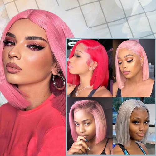 Blonlier Pink Bob Wig Human Hair Glueless Wigs Human Hair Pre Plucked Pre Cut 13X4 HD Transparent Straight Pink Short Bob Wig Human Hair Frontal Lace Wig, 16in