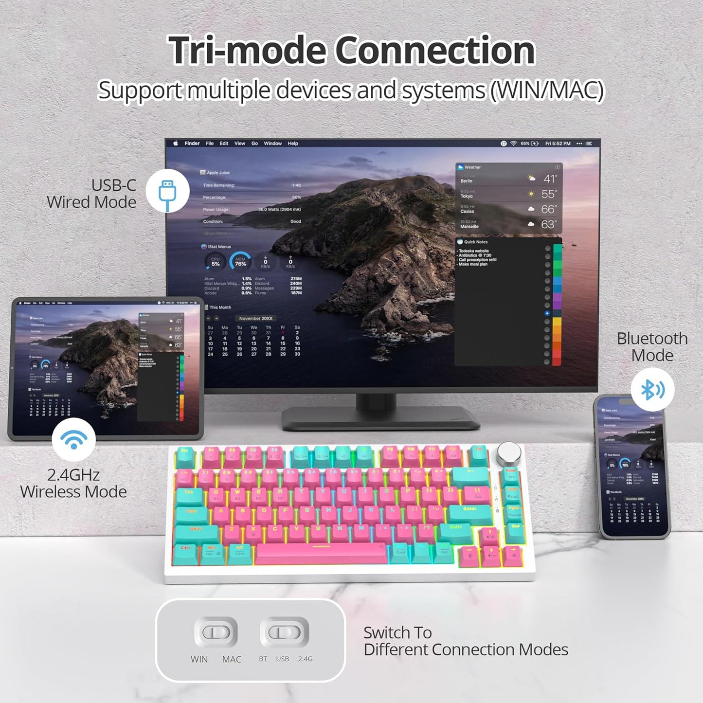 400PRO 75% Wireless Creamy Mechanical Keyboard Pink, Gasket Hot Swappable RGB Gaming Keyboard Bluetooth/2.4GHz/USB-C Cute Key Board with Pre-lubed Cream Grey Switches (82 Pink White)