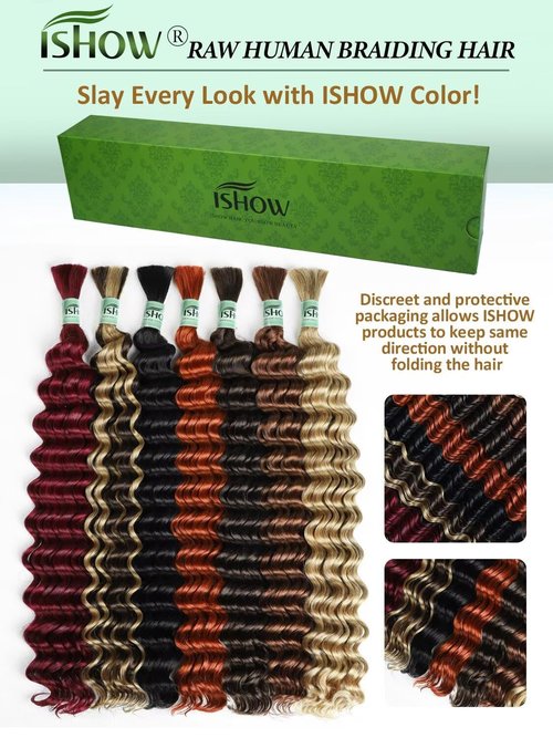 ISHOW Raw Human Braiding Hair, 100% Unprocessed Virgin Human Hair, 15A Deep Wave Boho Hair, 100g 14 Inch (2 Packs), NO.1 Premium Quality Boho Hair Producer, Long Lasting, Color 1B