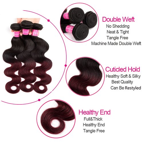 Lovenea Ombre Body Wave Human Hair Bundles 14+16+18 inch Ombre 3 Bundles 2 Tone Black to Burgundy Human Hair Weave (14 16 18, T99J#)