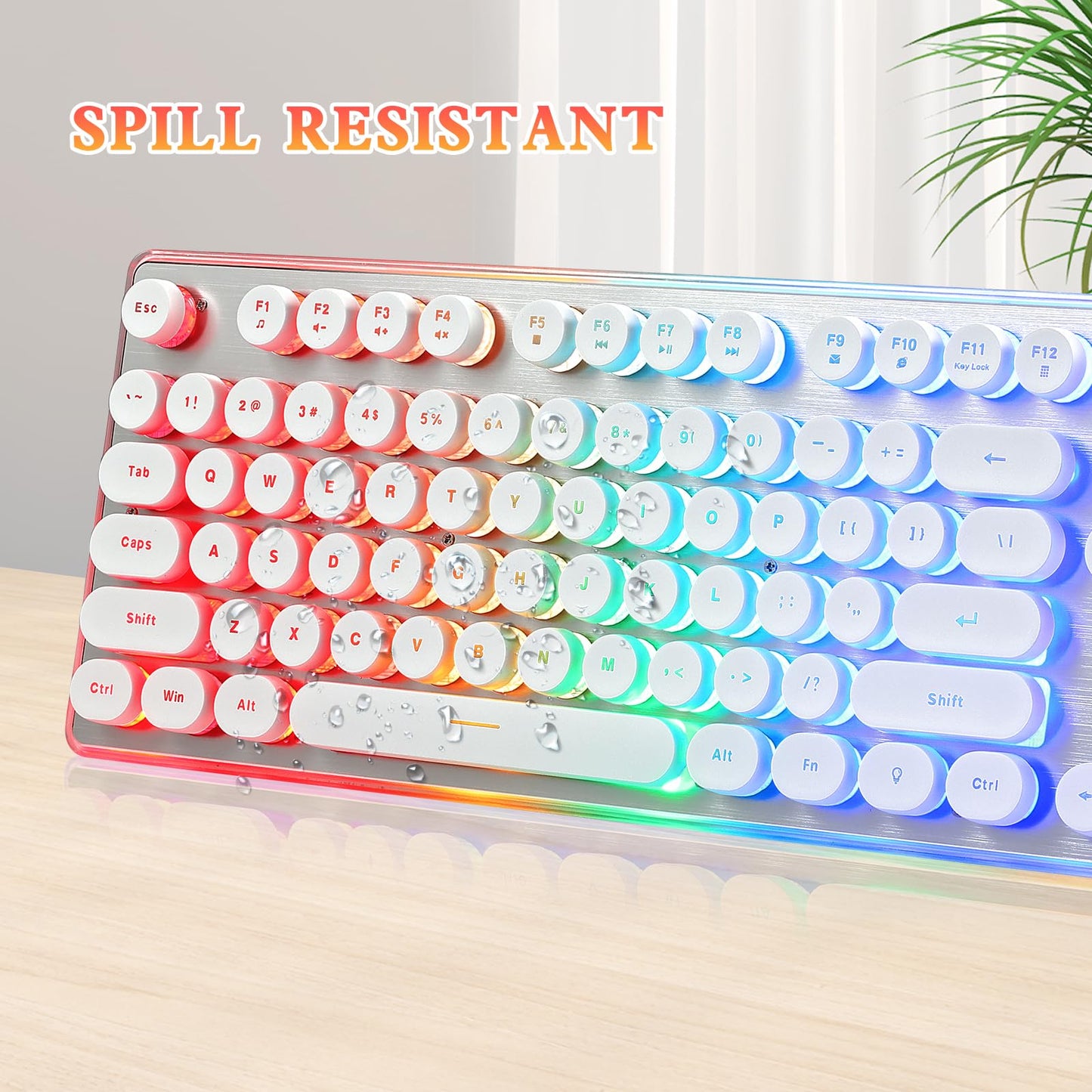 ANSWK Typewriter Style Keyboard with Metal Panel, Rainbow LED Backlit, Round Keys, Anti-ghosting, Spill Resistant, Light Up USB Wired Retro 104 Keys for Office/Gaming, White/Silver