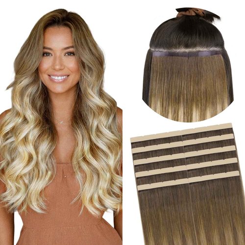 GOO GOO Tape in Hair Extensions Human Hair, 3/8/613 Walnut Brown to Ash Brown and Bleach Blonde, 8cm Wide Tape, 20inch 10pcs 50g, Tape Weft Hair Extensions, Real Human Hair, Seamless Tape in