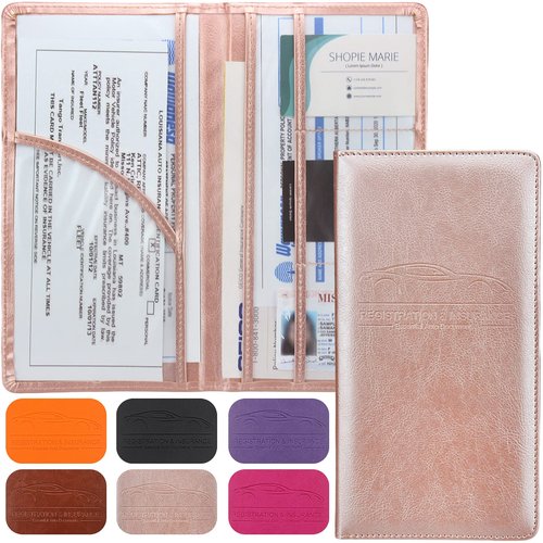 LumiMokki Premium Car Registration & Insurance Card Holder with Magnetic Shut, Vehicle Glove Box Car Organizer - For Documents, Cards, License (Rose gold)