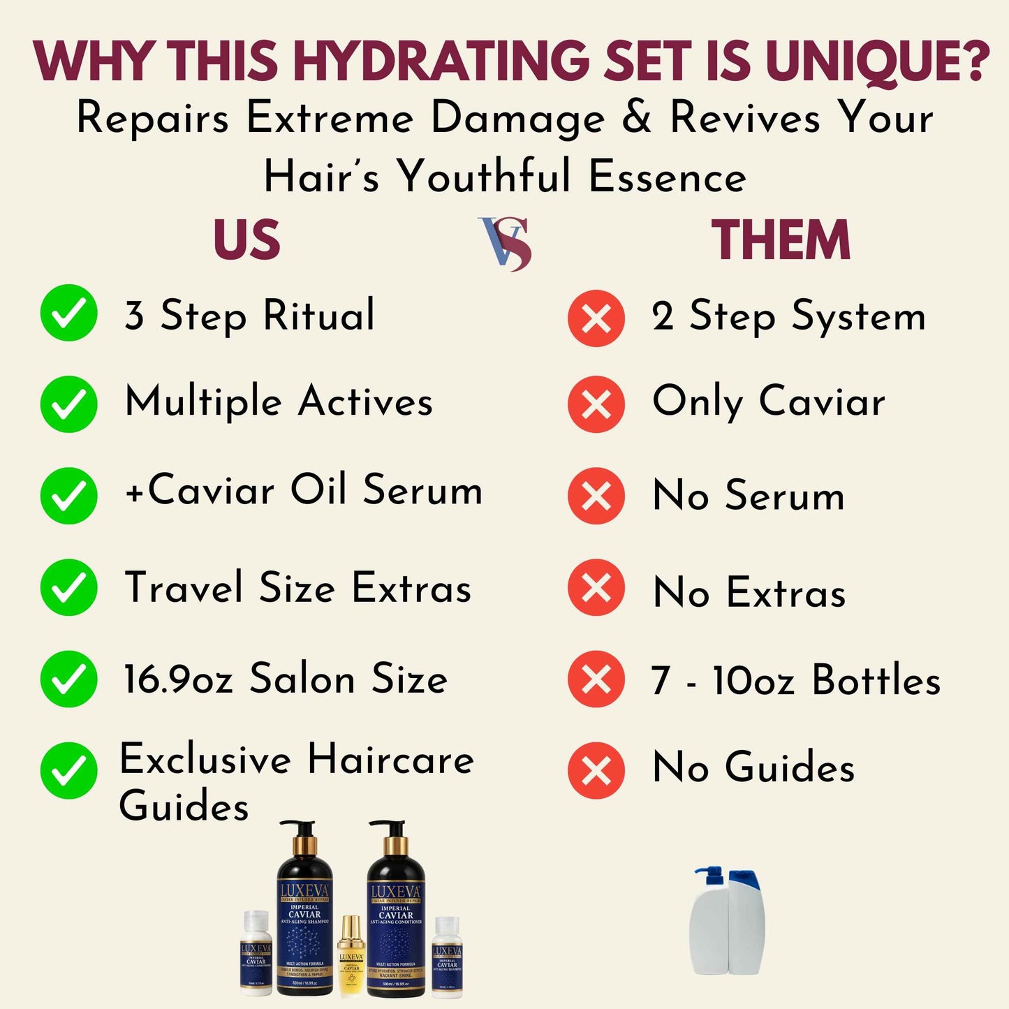 LUXEVA 3 in 1 Imperial Caviar Hydrating Shampoo & Conditioner Set For Bond Repair, Dry, Damaged & Anti-Aging Hair Care. Moisturizing Sulfate Free Shampoo & Conditioner For Women, Men | 90 Days Supply