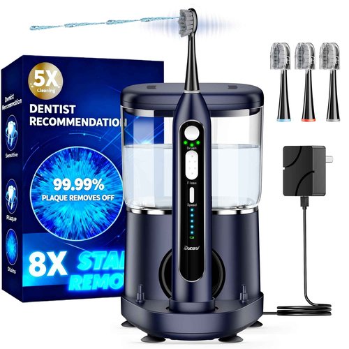 Electric Toothbrush with Water Flosser, Upgrade Flossing Toothbrush Combo, 5 Floss Speeds&3 Brush Modes, 500mL Tank, 30-Day Battery, for Adults & Teens, Gums, Braces, Dental Care,Off-Blue