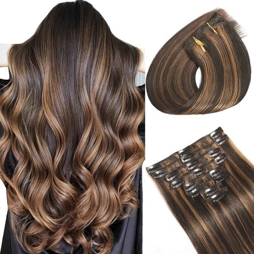 Clip in Hair Extensions Real Human Hair, Seamless Balayage Human hair Clip ins Extensions for Women Invisible Straight 8Pcs Double Weft Dark Brown Highlight Chestnut Brown 20inch 105g