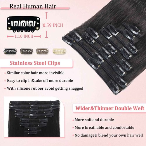 Clip in Hair Extensions Real Human Hair Clip in Extensions for Women Seamless Invisible Natural Black Straight Remy 100% Human Clips ins Extension 8pcs Double Weft 24 inch 4.2oz/120g