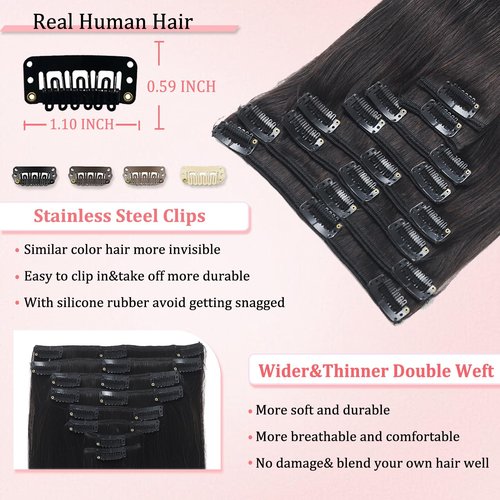 Clip in Hair Extensions Real Human Hair Clip in Extensions for Women Seamless Invisible Natural Black Straight Remy 100% Human Clips ins Extension 8pcs Double Weft 22 inch 4oz/110g