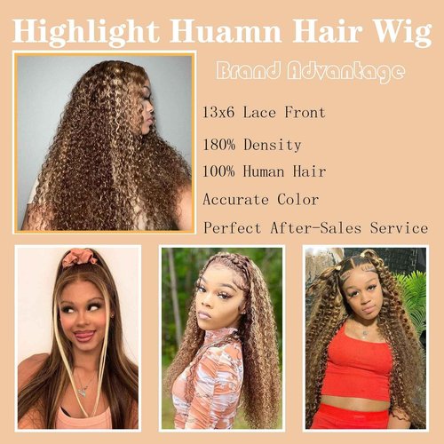 TESCOGOYS 4/27 Ombre Highlight 13x6 Lace Front Wig Human Hair 30inch Honey Blonde Deep Wave Lace Front Wigs Pre Plucked With Baby Hair 180% Density Curly Glueless Lace Front Wigs(30Inch)