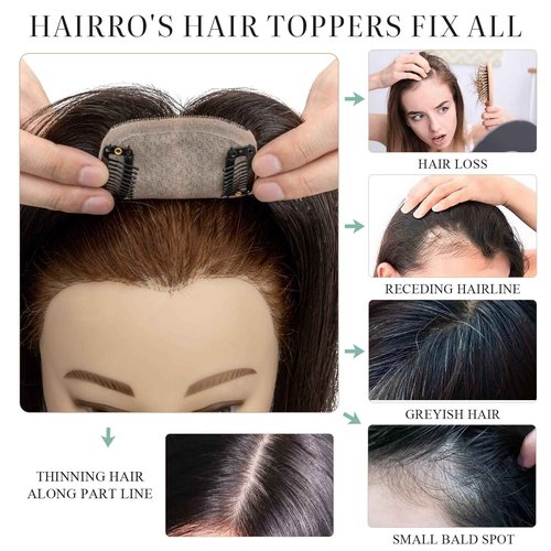 Hairro Human Hair Toppers for Women, Clip in Real Hairpieces, 130% Density 3"x5" Silk Base with Free Parting, for Covering Greyish Thinning Hair Loss/Adding Volume, 6 Inch Dark Brown