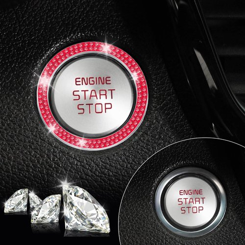LivTee 2 PCS Crystal Double Rhinestone Car Engine Start Stop Decoration Ring, Bling Car Interior Accessories for Women, Push to Start Button Cover Sticker, Automotive Decals, Red