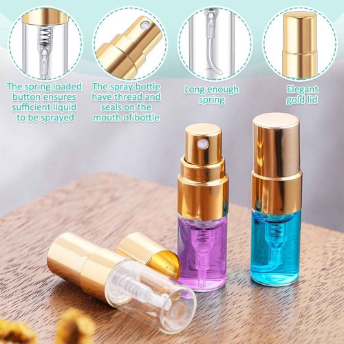 Zhehao 200 Pcs Mini Spray Bottles 2 ml Clear Glass Perfume Bottles Refillable Fine Mist Perfume Atomizer Portable Empty Sample Containers for Cleaning, Essential Oils, Travel (Gold Cap)