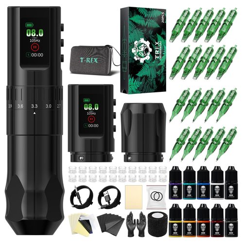 Tattoo Gun Kit Wireless Tattoo Kit Complete for Beginner, Urex G2 Tattoo Machine Kit Professional, 7 Adjustable Stroke Tattoo Pen, Dual 1600 mAh Machine Gun Battery, 20pcs Mixed Cartridge Needles