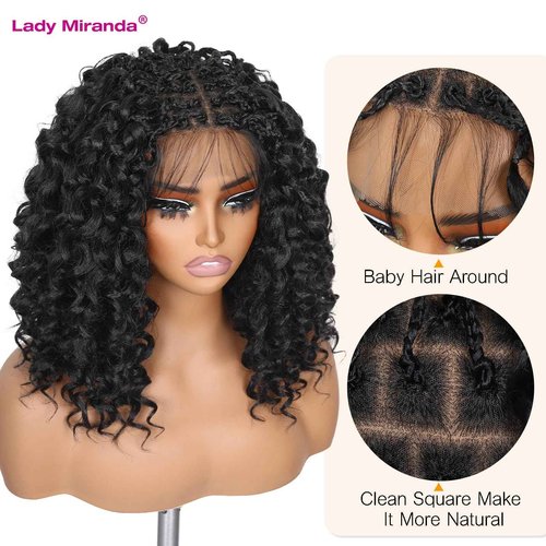 Lady Miranda Double Full Lace Braided Wigs for Black Women 12 Inch Curly Wigs Lightweight Knotless GoGo Curl Wig Synthetic Braided Wigs with Natural Bouncy Curl (Natural Black,12 Inch)