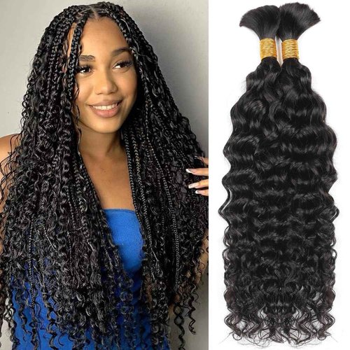 Human Braiding Hair 2 Bundles 100g 26Inch Water Deep Wave Bulk Human Hair for Braiding No Weft Braiding Hair Bulk Curly Human Hair for Boho Braids 12A Brazilian Virgin Hair Extensions Natural Color