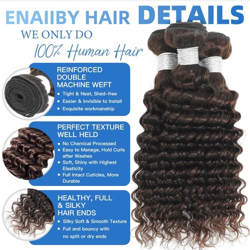 Enaiiby Chocolate Brown Bundles Human Hair 14 16 18 Inch Brazilian Color 4 Deep Wave Bundles Human Hair Unprocessed Breezy Wave Virgin Hair for Black Women with Silky Texture & Quick Weave