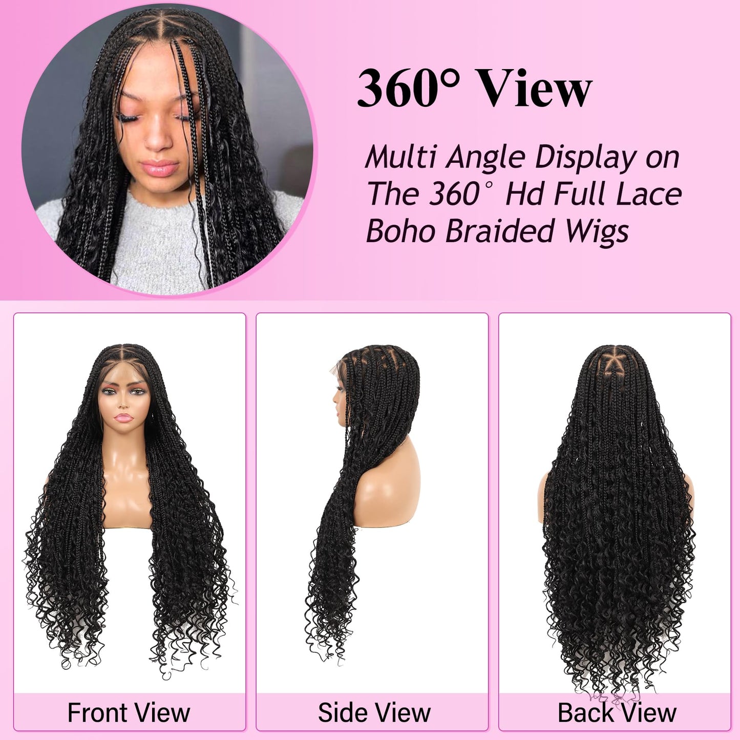 KERNORV 360° HD Full Lace Triangle Knotless Braided Wigs for Women Boho Braided Wigs with Curly Ends Full Lace Box Braid Wig with Baby Hair Premium Synthetic Braided Lace Front Wig 36" Black