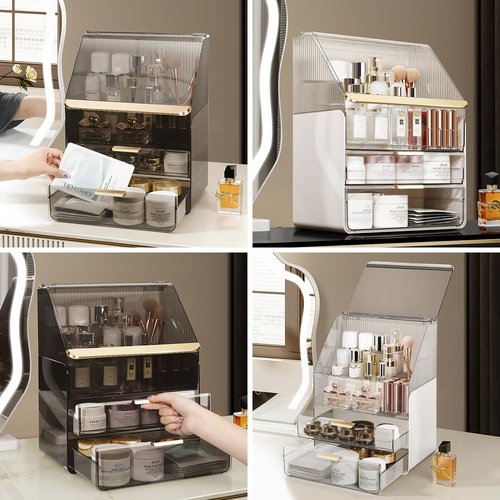 DASITON Dustproof MultiLayer Makeup Brush holder Organizer,Makeup Brush Holder,Makeup Organizers,Large Capacity Desktop Storage Box with Drawer,for Beauty Products...（Grey)