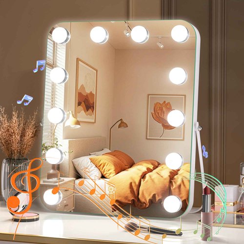 MINISO Vanity Mirror with Lights and Bluetooth Speaker- 11.4" x 13.8" Hollywood Makeup Mirror with 3 Color Lights, Smart Touch Control, 360°Rotation,Rounded Rectangle White Frame