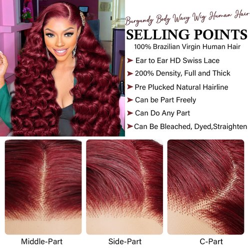 Gemlong 20 Inch 99J Burgundy Lace Front Wigs Human Hair Body Wave 13x4 HD Transparent Pre Plucked Glueless Lace Frontal Wig Human Hair 200% Density Red Wine Colored Human Hair Wigs for Women