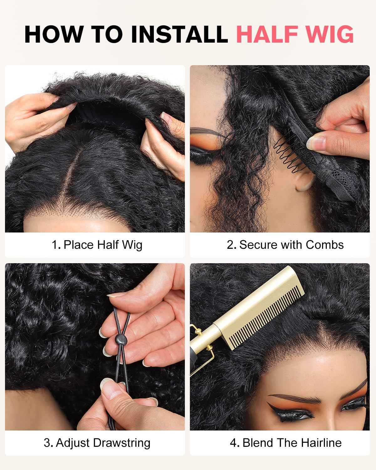 Kinky Curly Half Wig Human Hair 210 Density 3 In 1 Seamless Flip Over Half Wigs Glueless Kinky Curly Wigs Human Hair Beginner Friendly 360 Degree Flexi-fit Drawstring Headband Wig for Women 16 Inch