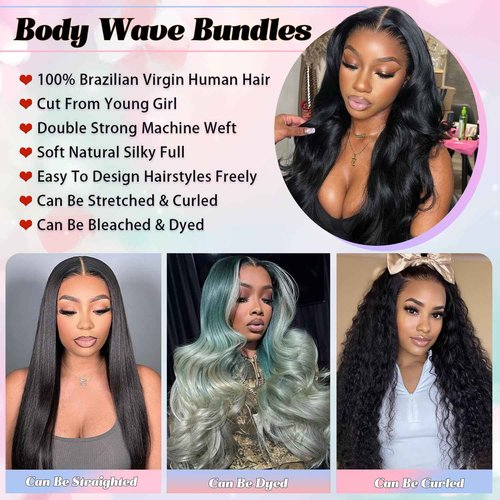 KAITHLYPO 12A Human Hair Bundles 14 16 18 Inch Body Wave 100% Unprocessed Brazilian Virgin 3 Bundles Weave Quick Wavy Human Hair Extensions for Women Natural Black