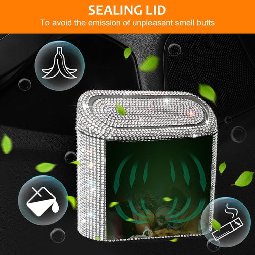Accmor Bling Car Trash Can with 30pcs Garbage Bags, Vehicle Trash Bin with Lid Auto Dustbin Organizer Garbage Storage, Sparkling Crystal Mini Trash Container Holder