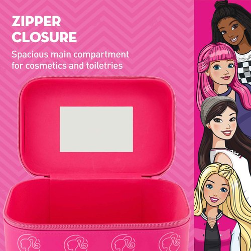Barbie Large Women's Makeup Bag, Two Zipper Travel Cosmetic Zipper Pouch Organizer with Logo, Pink