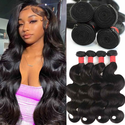 Body Wave Bundles Human Hair 18 20 22 24 Inch 4 Bundles Human Hair 12A Unprocessed Brazilian Virgin 100% Real Human Hair Bundles Double Weft Natural Black Color Hight Gram Hair Extensions