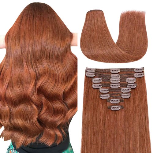 Elailite Clip in Hair Extensions Real Human Hair Double Weft Thick 8pcs Weft Auburn Copper Red 16 Inch 130g Remy Hairpieces Balayage Full Head for Women