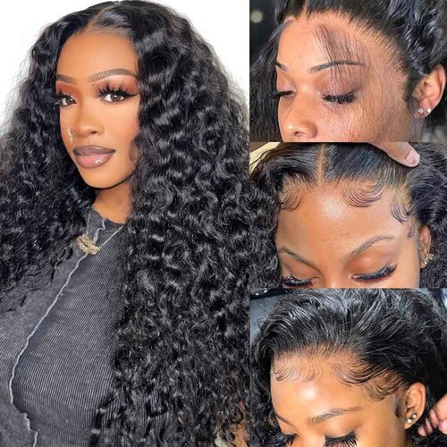 MMFZPHEIR 28Inch Water Wave Lace Front Wigs Human Hair 200 Density 13x6 HD Lace Front Wigs Pre Plucked Glueless Curly Human Hair Wigs For Women Water Wave Frontal Wigs