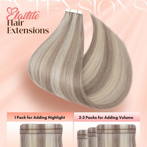 Elailite Tape in Hair Extensions Human Hair Thick Real Remy Hairpieces Ash Blonde & Bleach Blonde 22 Inch 50g 20pcs Straight Invisible Seamless Skin Weft Best Tape for Women