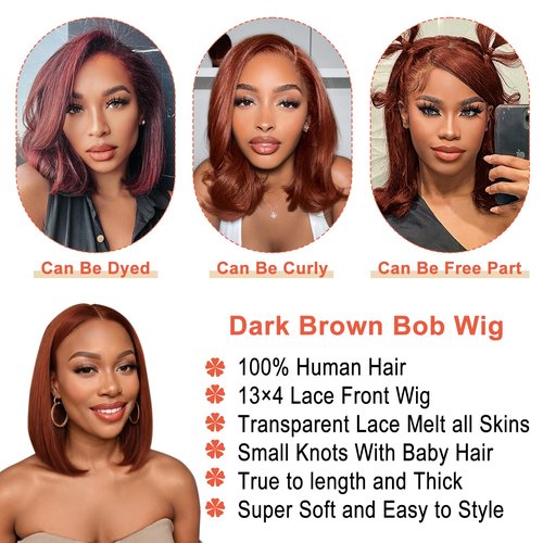 Moliveny Reddish Brown Bob Wig Human Hair 13x4 HD Lace Front Wigs for Black Women Short Bob Lace Frontal Wigs Glueless Wig Pre Plucked Hairline With Baby Hair 180% Density
