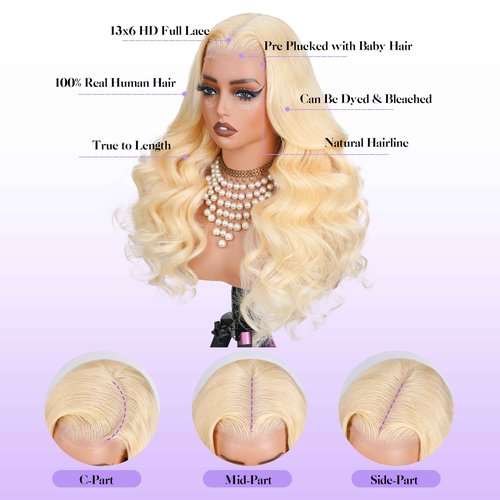 KingSup 613 13x6 Lace Front Wig Human Hair Pre Plucked 250 Density 16 Inch Body Wave Blonde Wig Human Hair 613 HD Lace Frontal Wigs 13x6,100% Real Human Hair No Tangle No Shedding Triple Lifespan 3X