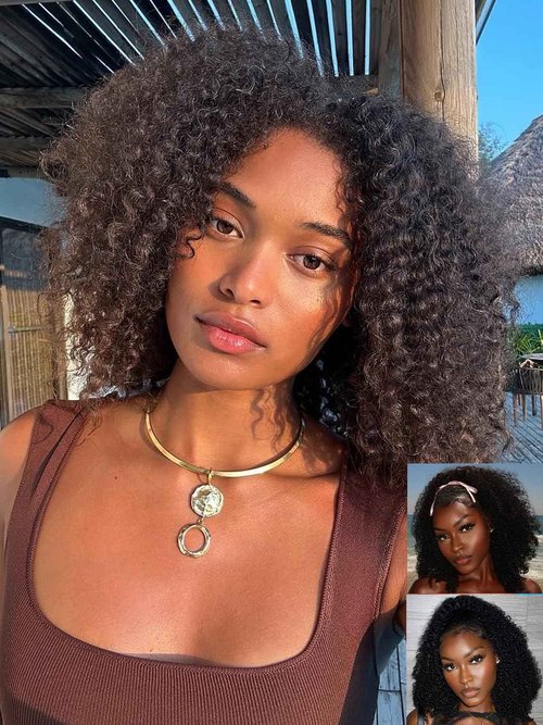 ORIGINAL QUEEN Kinky Curly Half Wig Human Hair Wear And Go Glueless Wigs Curly 3 In 1 Half Wigs for Women Drawstring Seamless Flip Over Glueless Wigs Beginner Friendly 18 Inch