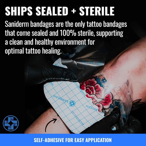 Saniderm Original Tattoo Aftercare Bandage (25 Sheets, 6 in x 8 in) – Convenient, Faster Tattoo Healing and Protection – Sterile, Waterproof, and Latex-Free Tattoo Aftercare Wrap – Gloss Finish