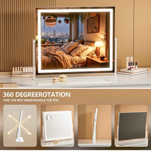 Batuso Vanity Mirror with Lights, 30'' x 22'' Lighted Makeup Mirror, Touch Screen with 3-Color Lighting, Dimmable for Vanity Desk Tabletop Square White
